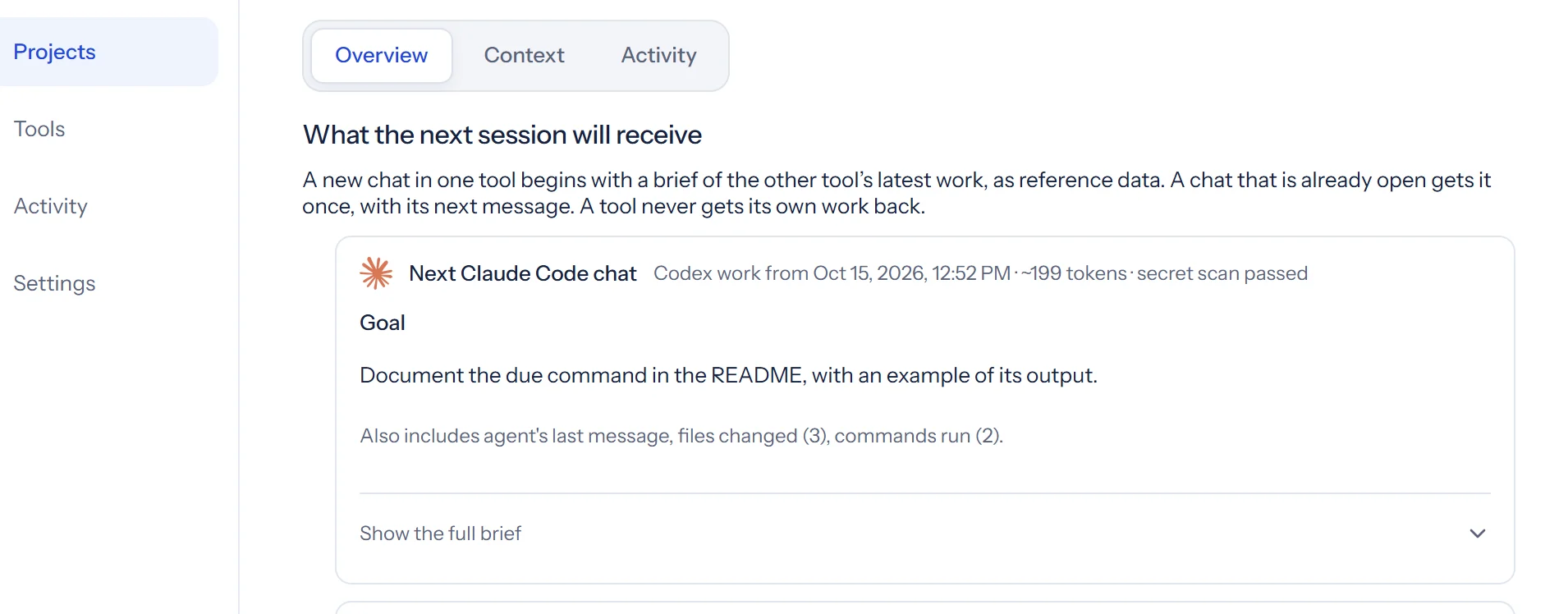 AskOnce project page: what the next Claude Code chat will receive, with its goal, token count and secret scan