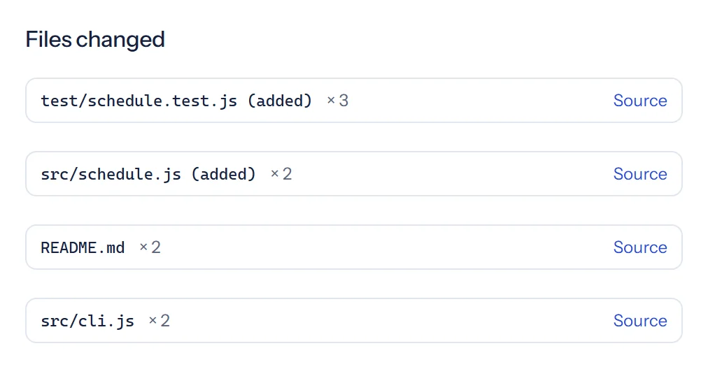 AskOnce Context tab: the files changed in the sessions, each with how often it was touched and a link to its source